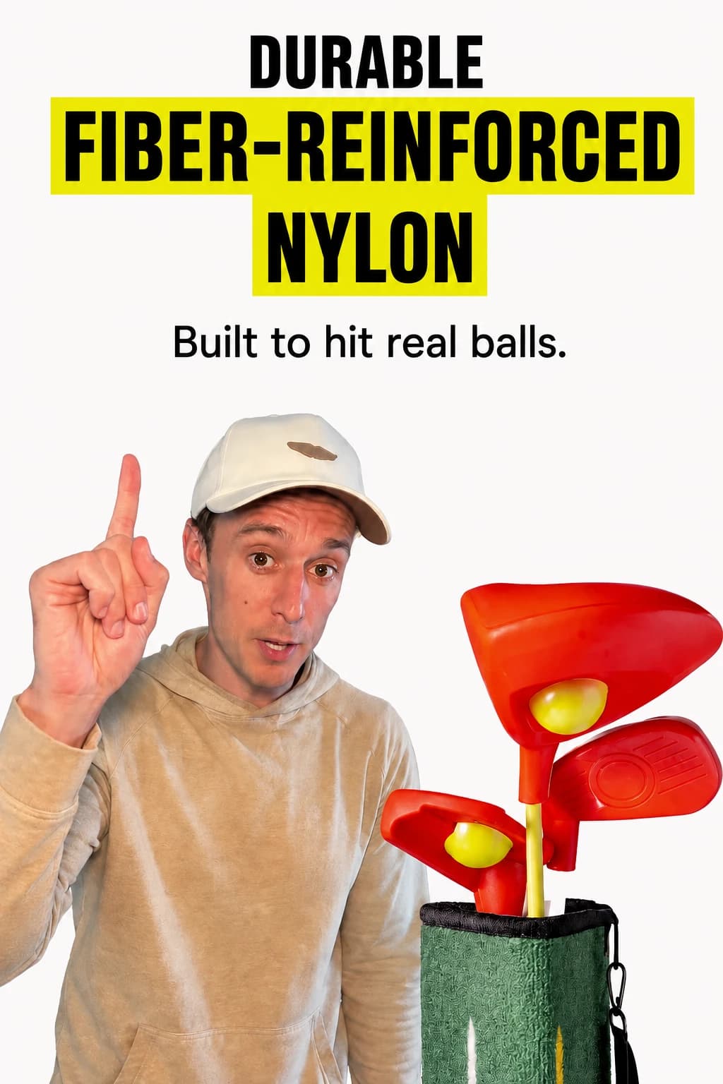 Christopher points to a durable fiber-reinforced nylon callout beside the Lil’ Legends clubs.