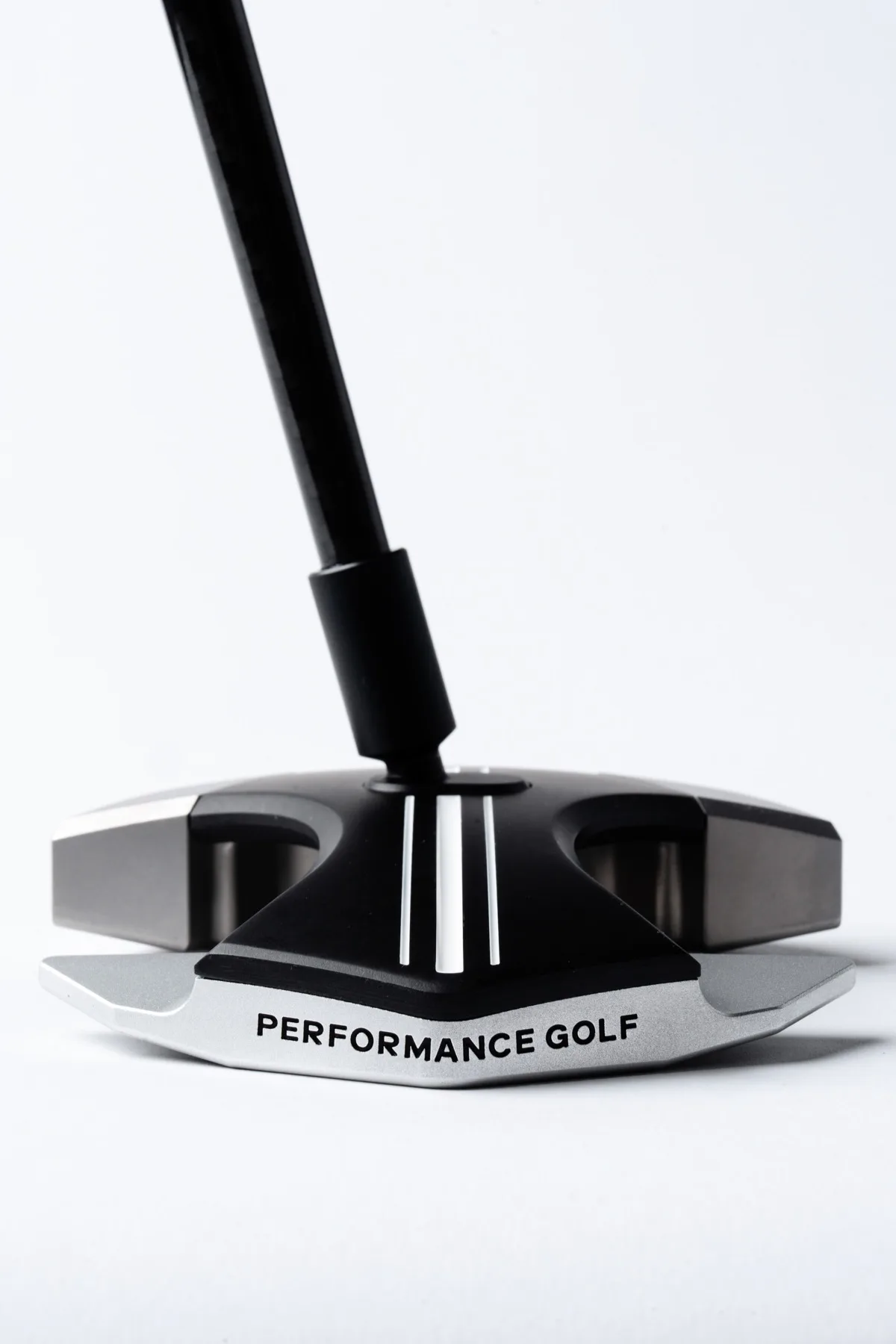 RS1 putter front view showing Performance Golf branding and face down balance