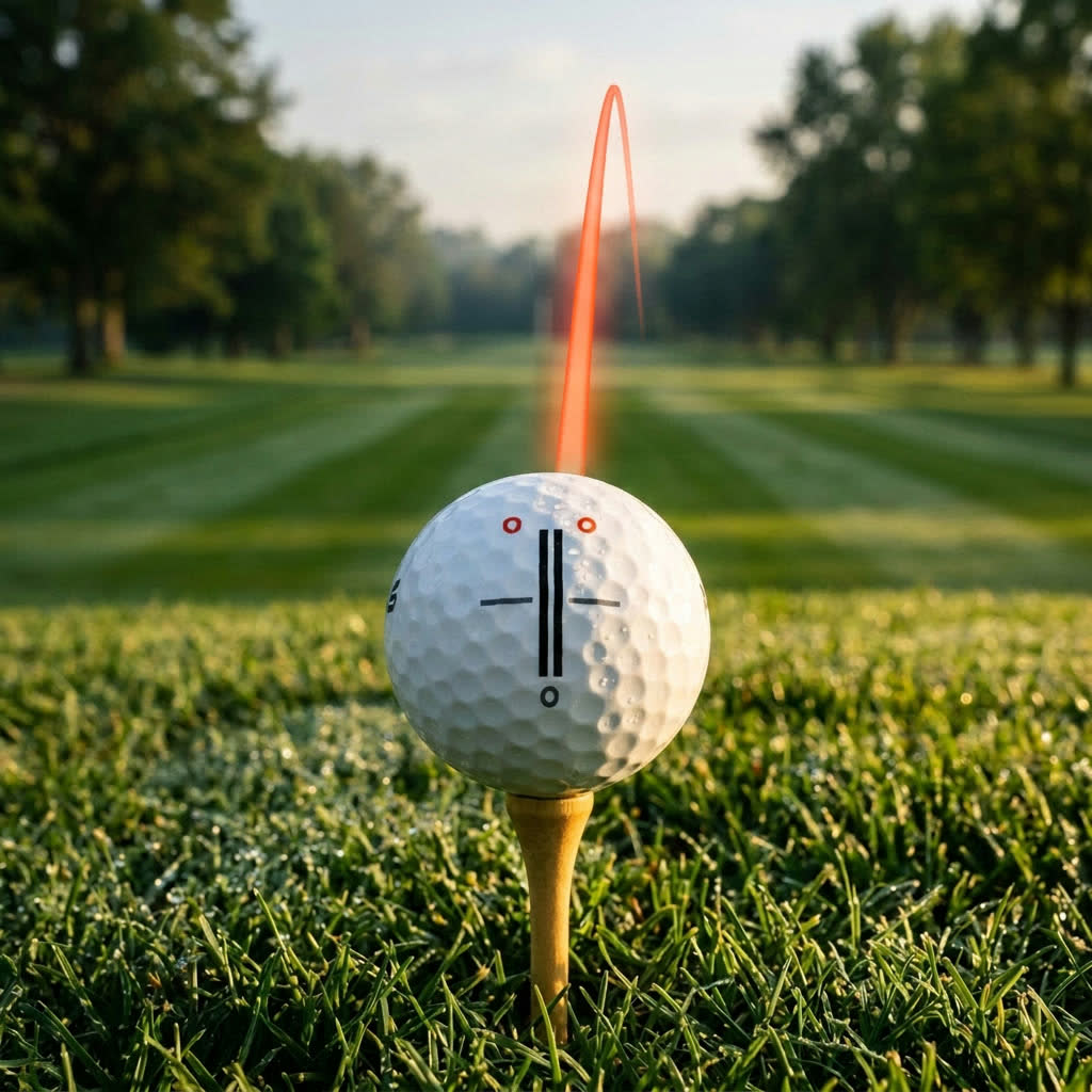 iON+ ball on a tee with its alignment artwork facing the camera and a straight orange trajectory trail rising down the fairway