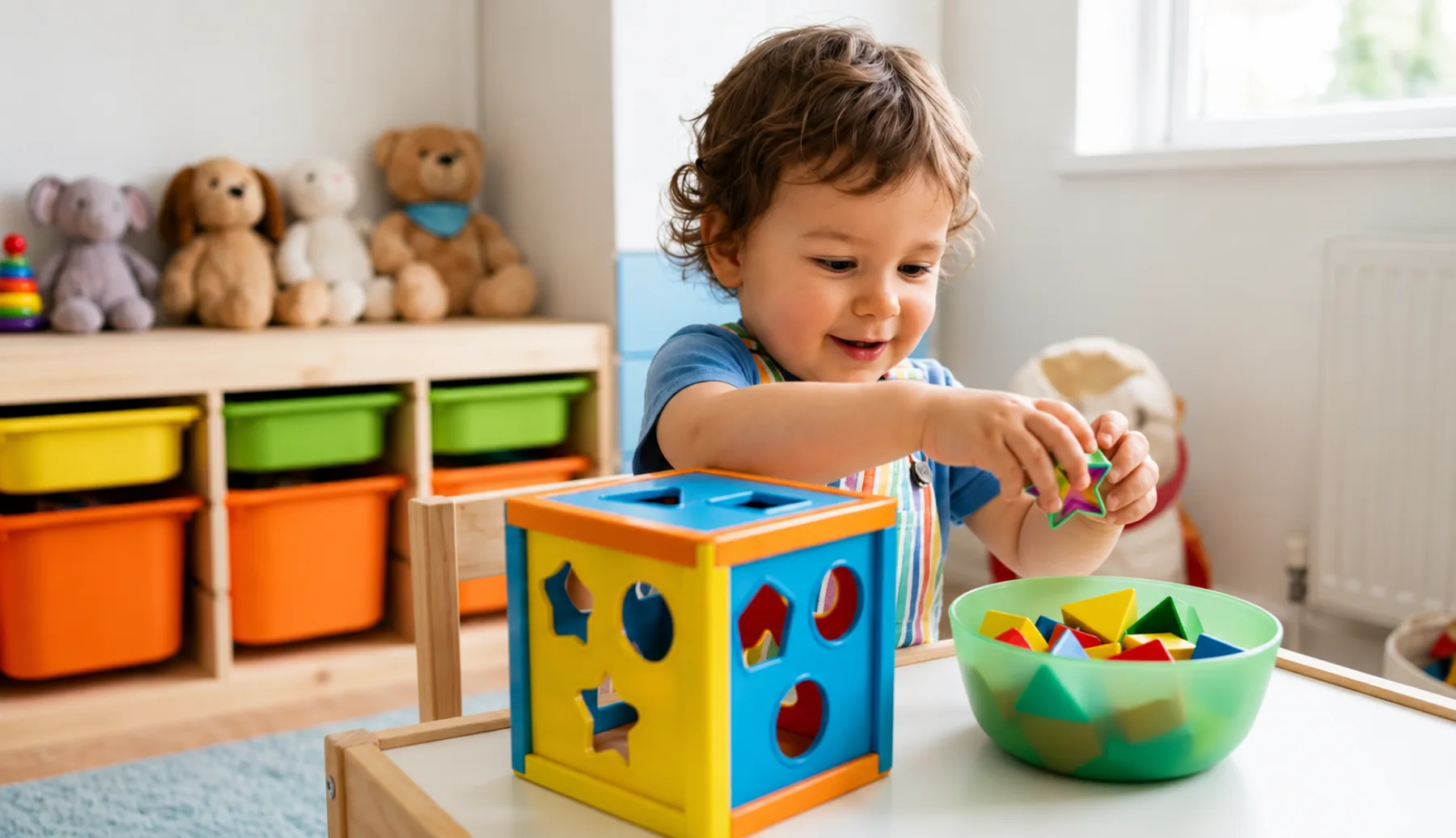Toddler matching wooden shapes into a shape-sorter cube
