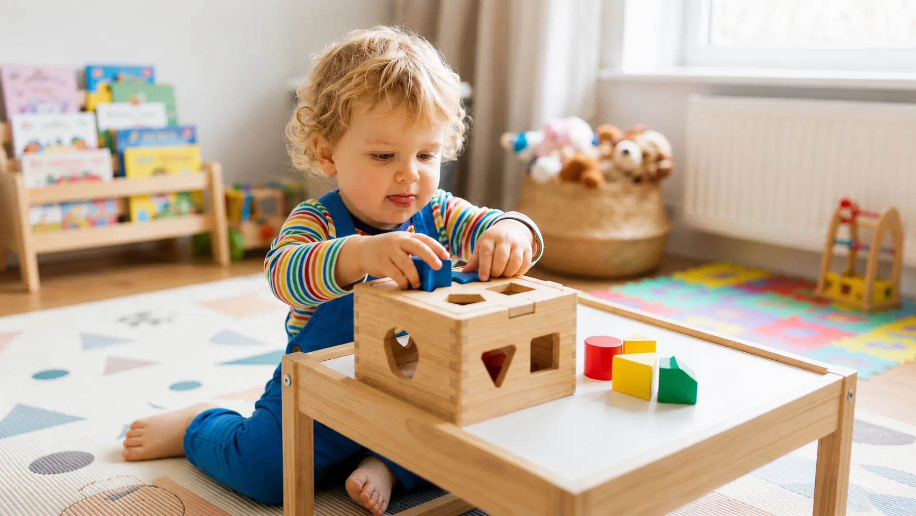 Toddler placing colorful shapes into a wooden shape-sorter cube