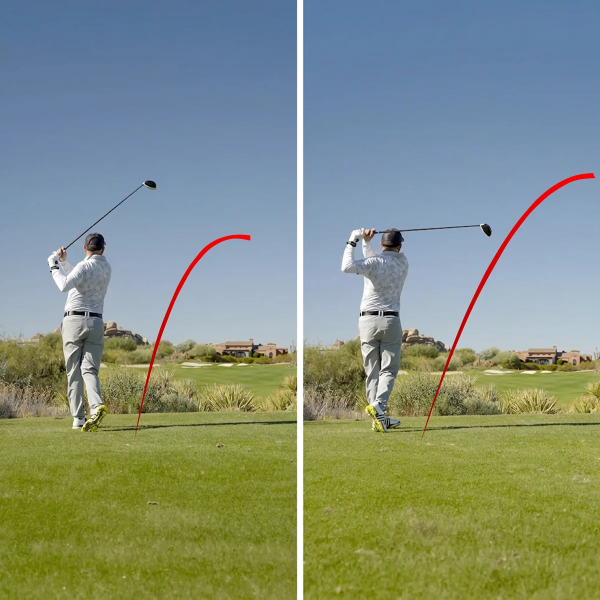 Split screen — two slices side by side at 95 mph and 105 mph, the faster swing curving farther offline
