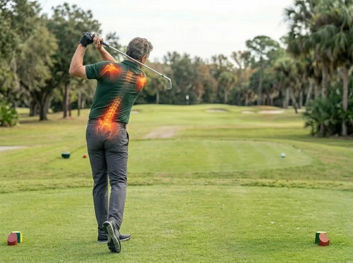 Exhausted golfer grinding on the range, bad swing, bad shot
